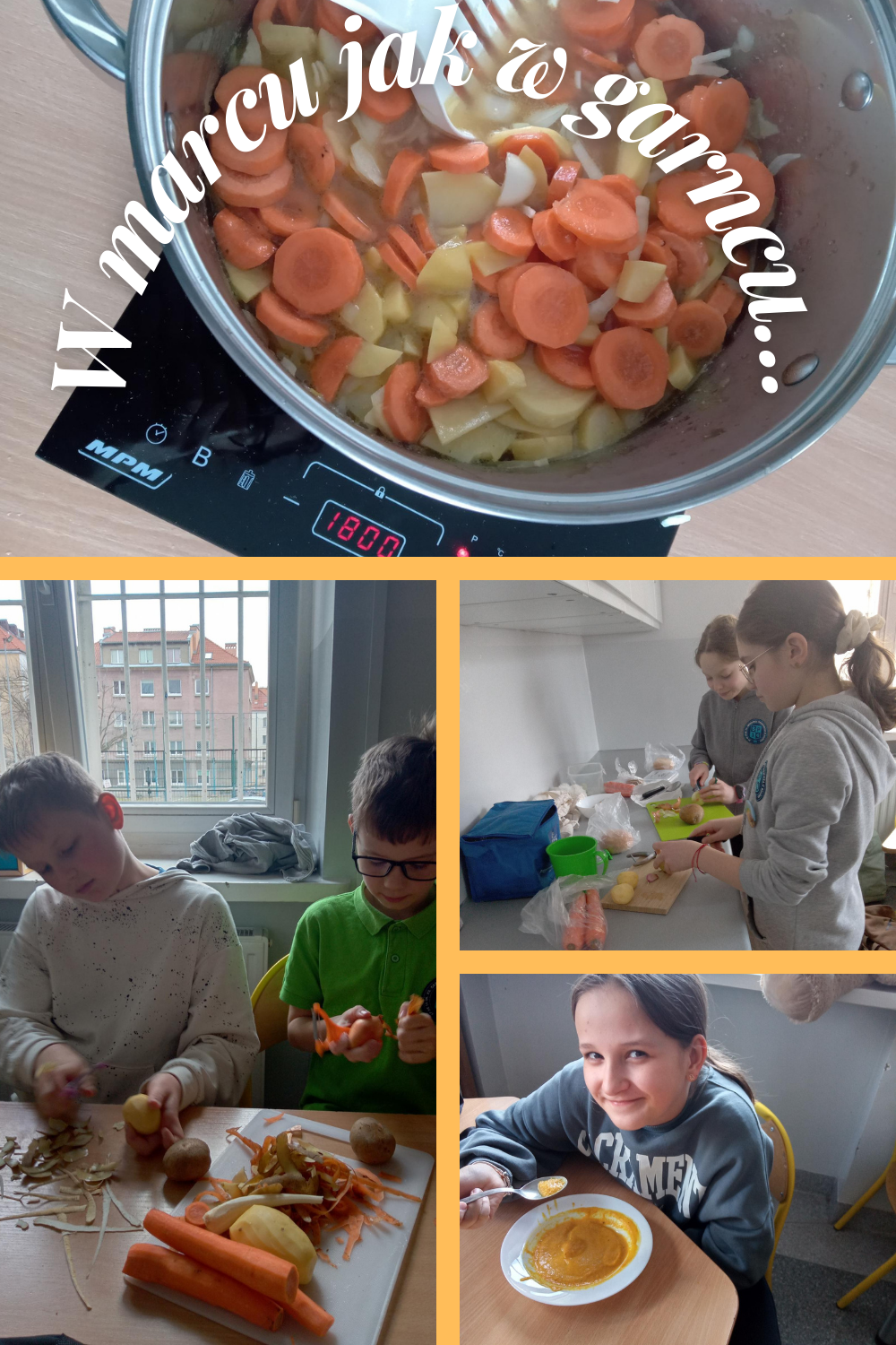 Na zdjęcich widać uczniów przygotowujących zupę. Obierających  i k rojących warzywa, mieszających w garnku składniki. A na koniec gotową zupę krem z marchewki, którą można się już delektować.