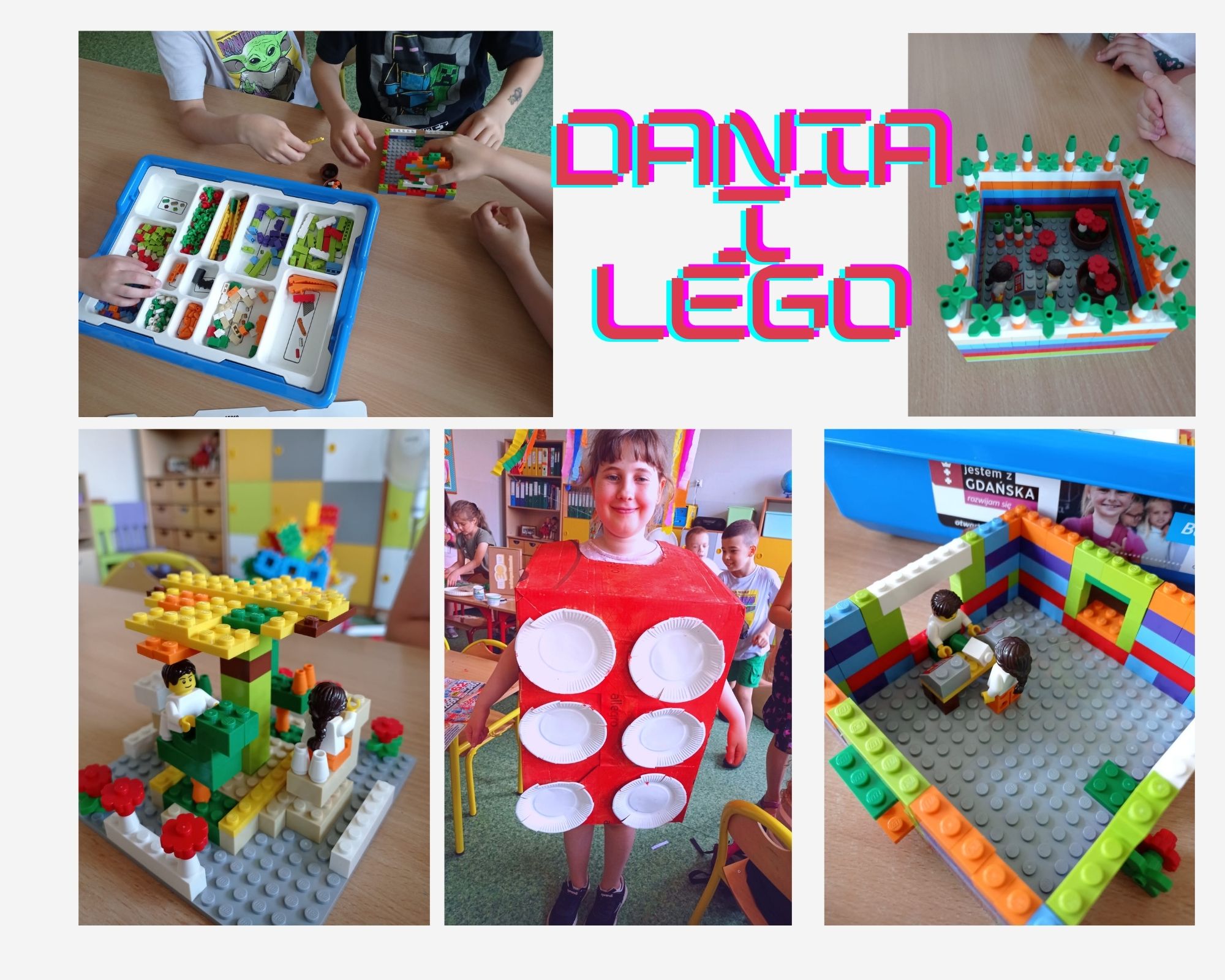 Kolaż zdjęć z pracami uczniów - konstukcje z klacków Lego. Na środkowym zdjęciu dziewczynka przbrana jest za duży czerwono-biały klocek Lego.
