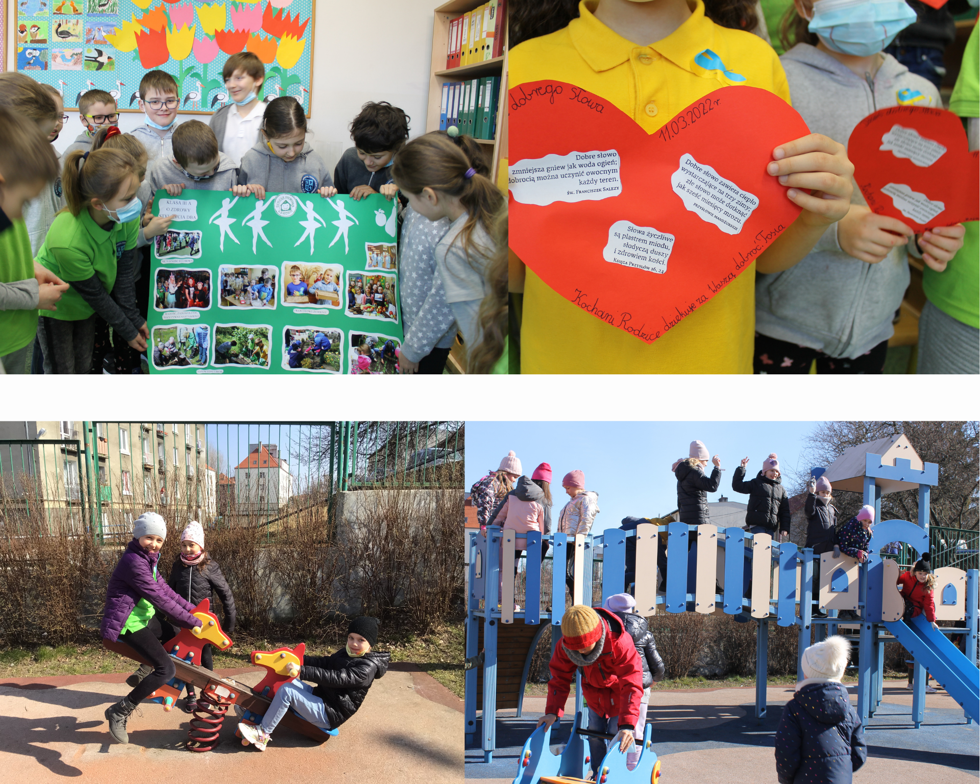 Na zdjęciach uczniowie IIIA prezentują plakat Szkoły Promującej Zdrowie. Łąpią endorfiny na placu zabaw.