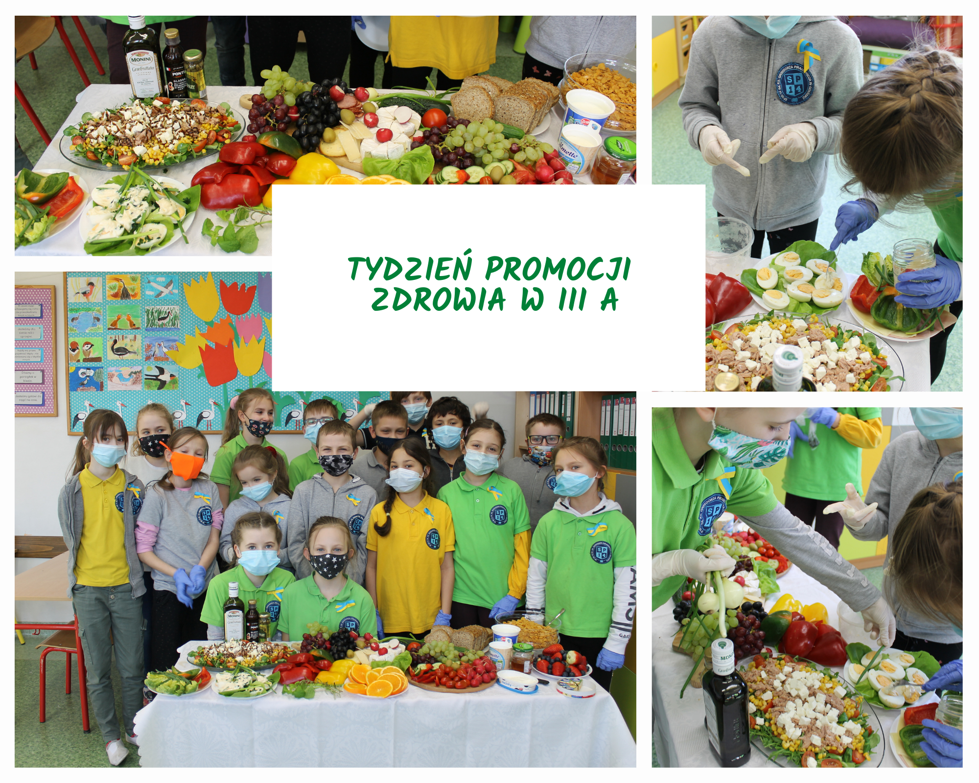 Na zdjęciach uczniowie klasy IIIA przygotowują zdrowe drugie śniadanie: warzywa, owoce,  sałatki, ciemne pieczywo i prezentują stół nakryty potrwami.