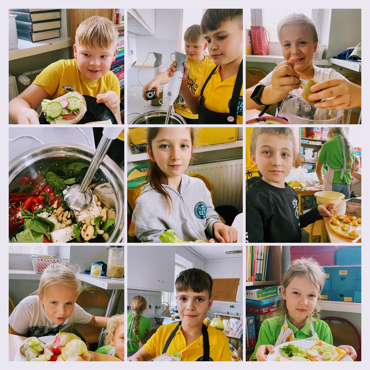 Kolaż zdjęć przedstawiających uczniów przygotowujących naleśniki oraz prezentujących gotowe danie  z polewą i truskawkami. 