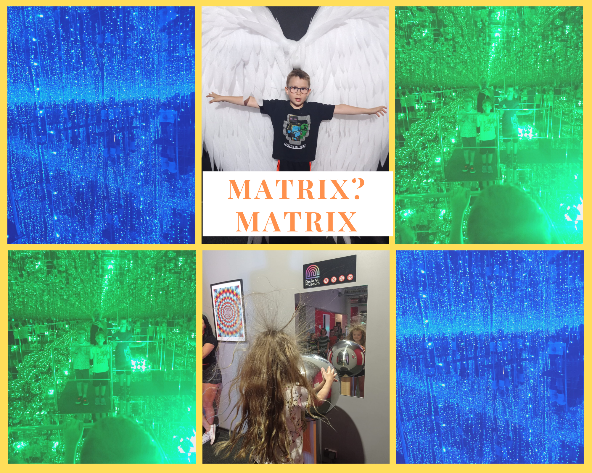 Kolaż zdjęć z muzeum   intensywnie zielone i niebieskie sfekty świetlne kojarzą się z filmem Matrix/