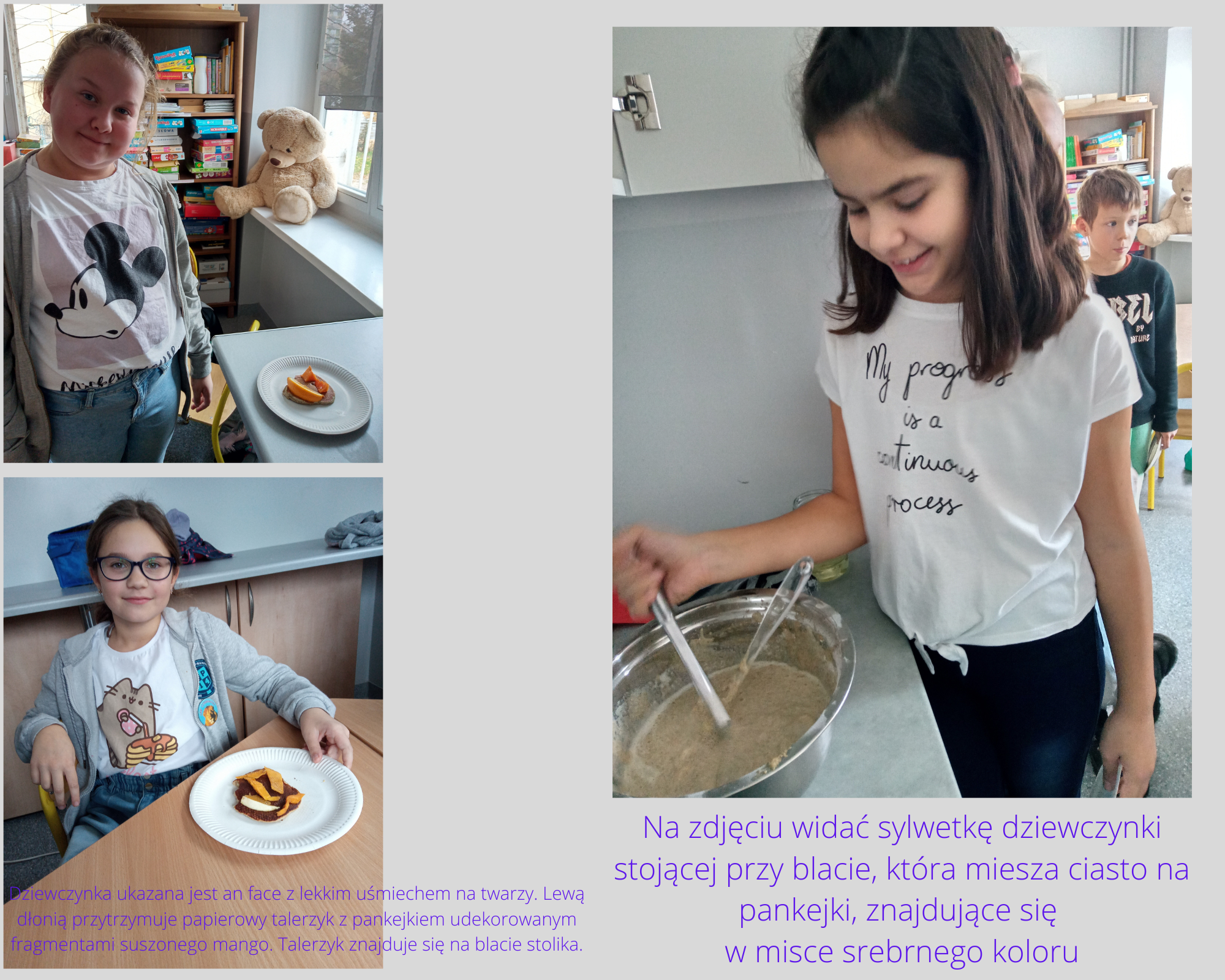 Kolaż zdjęć - uczennice w pracowni gastronomicznej przygotowują i prezentują pankejki.