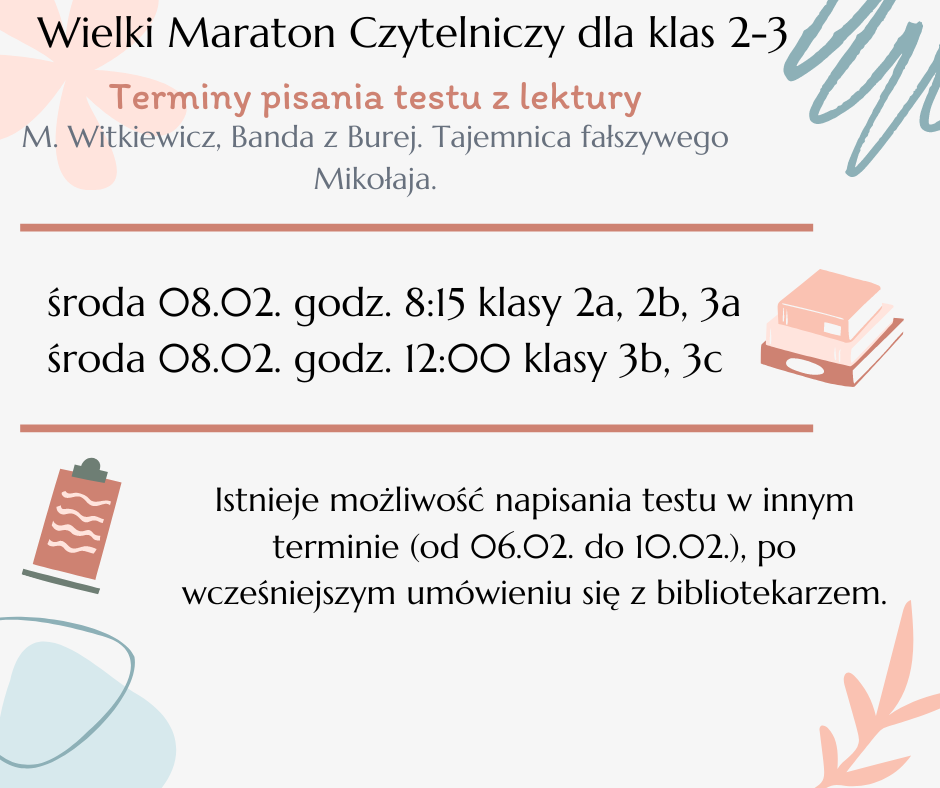 Infografika z tytułami lektur na listopad oraz tearminem pisania testów w Wielkim Maratonie Czytelniczym. 