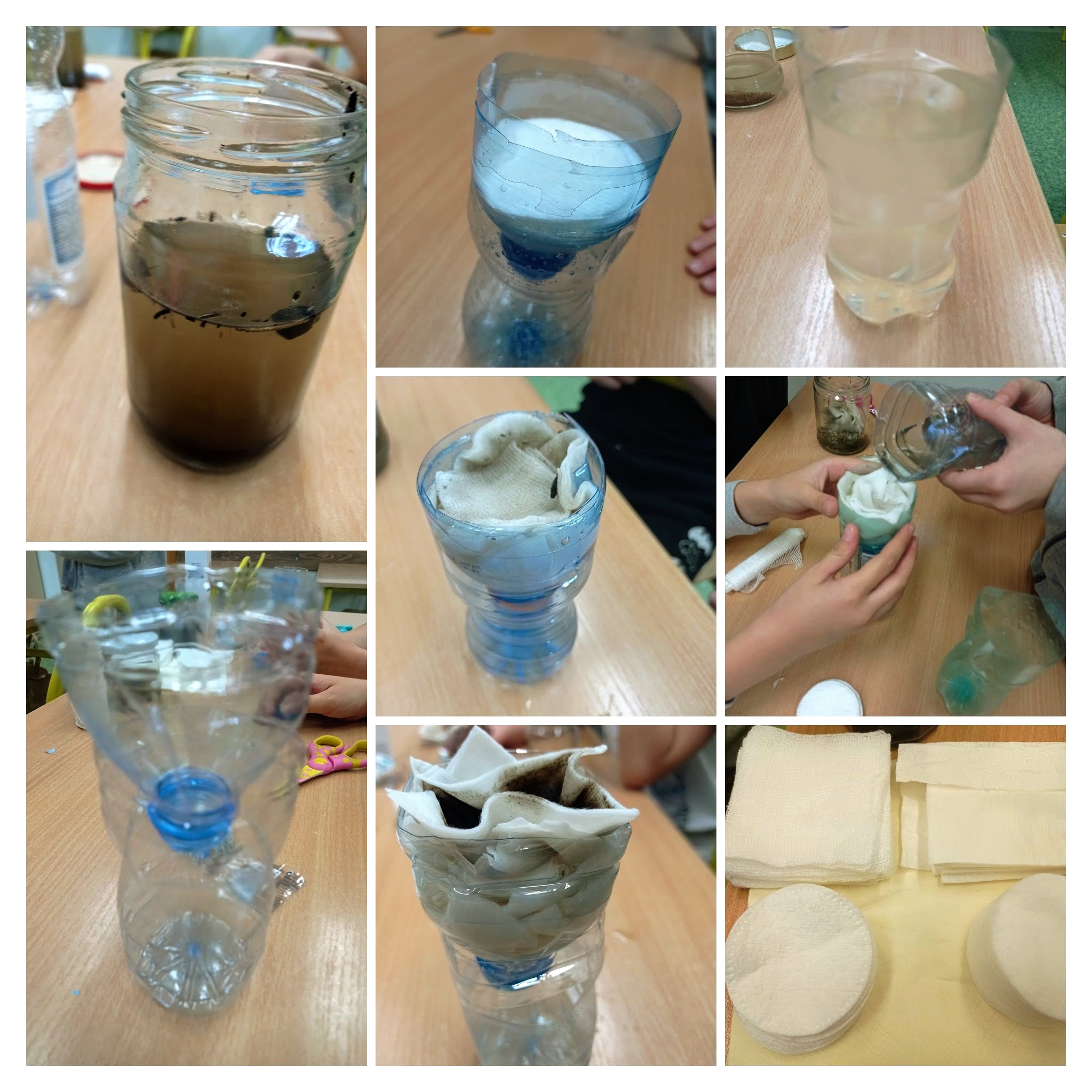 Kolaż zdjęć przedstawiających przedmioty potrzebne do przygotowania filtru do wody.
