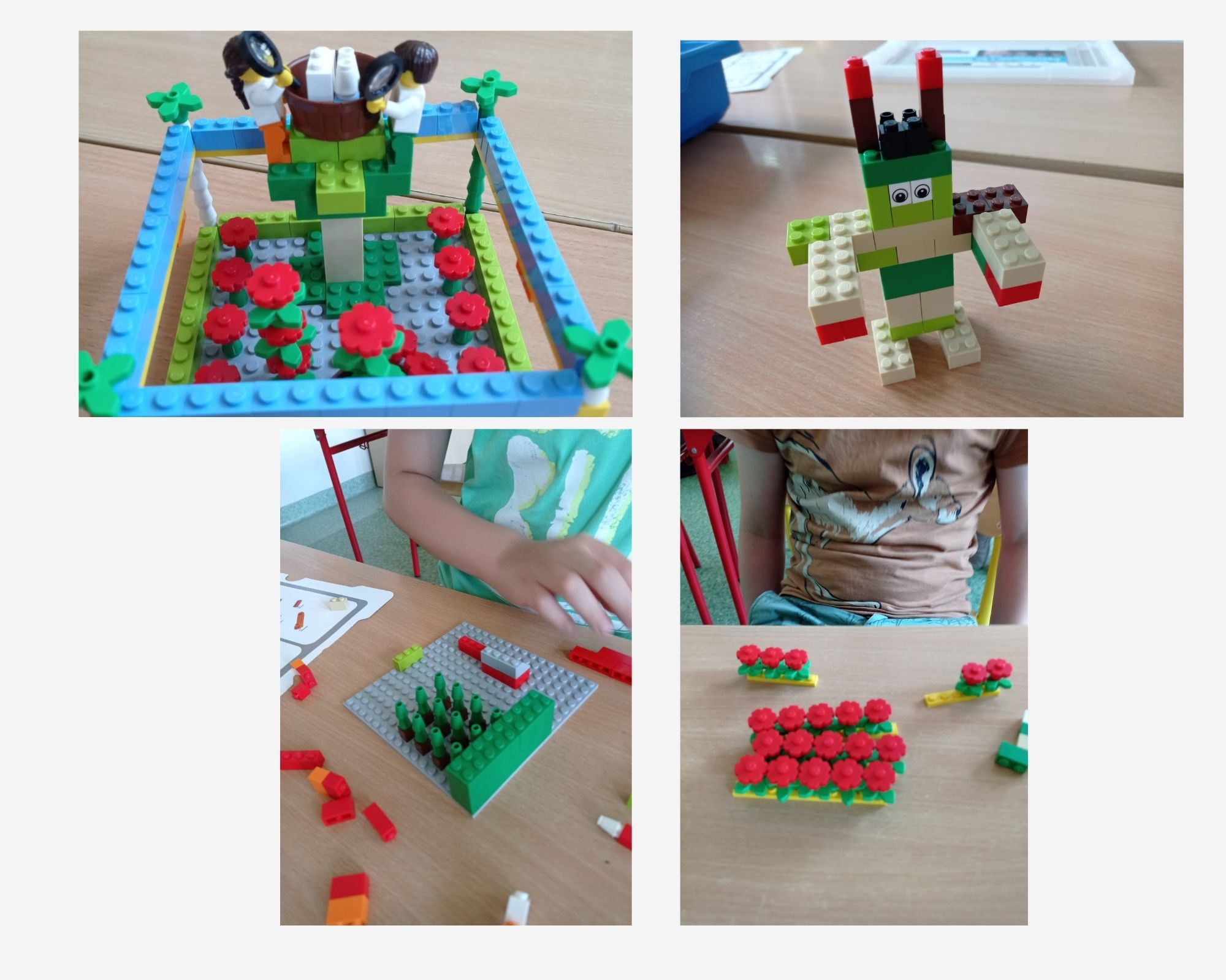 Kolaż zdjęć z pracami uczniów - konstukcje z klacków Lego.