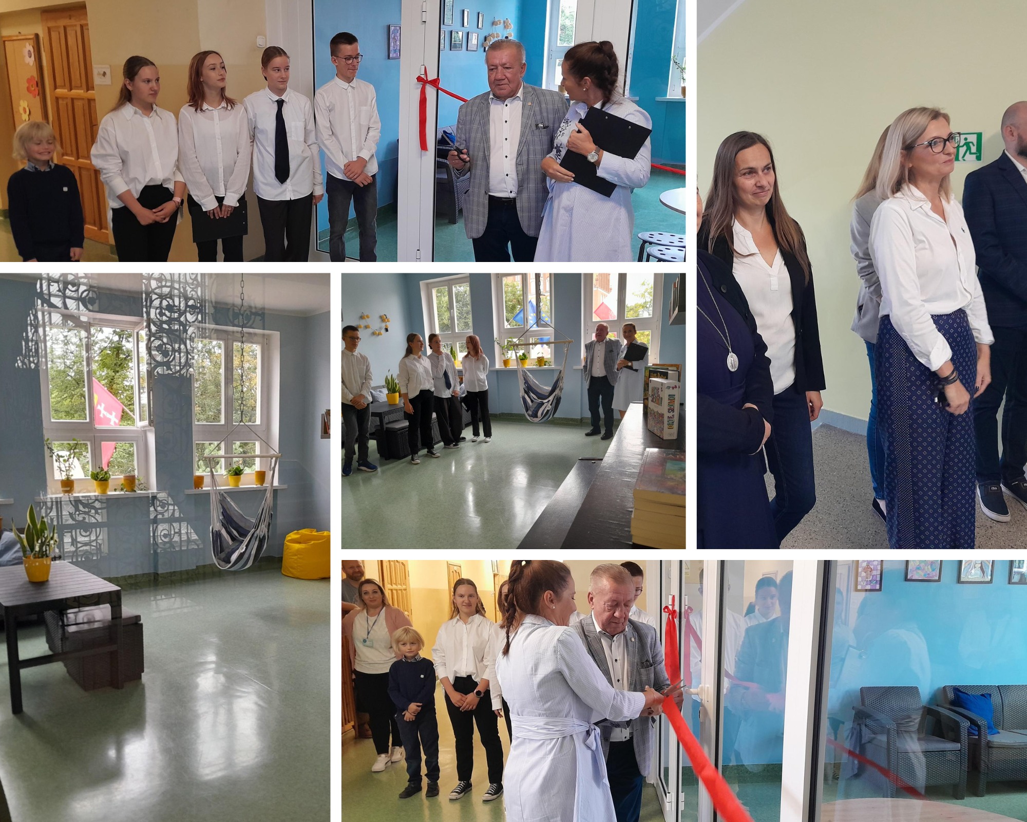 Na zdjęciach widać nauczycieli i uczniów biorących udział w otwarci nowego pomieszczenia w szkole. Jest czerwon wstęga. Wszyscy się uśmiechają. Na zdjęciach widać nauczycieli i uczniów biorących udział w otwarci nowego pomieszczenia w szkole. Jest czerwon wstęga. Wszyscy się uśmiechają.